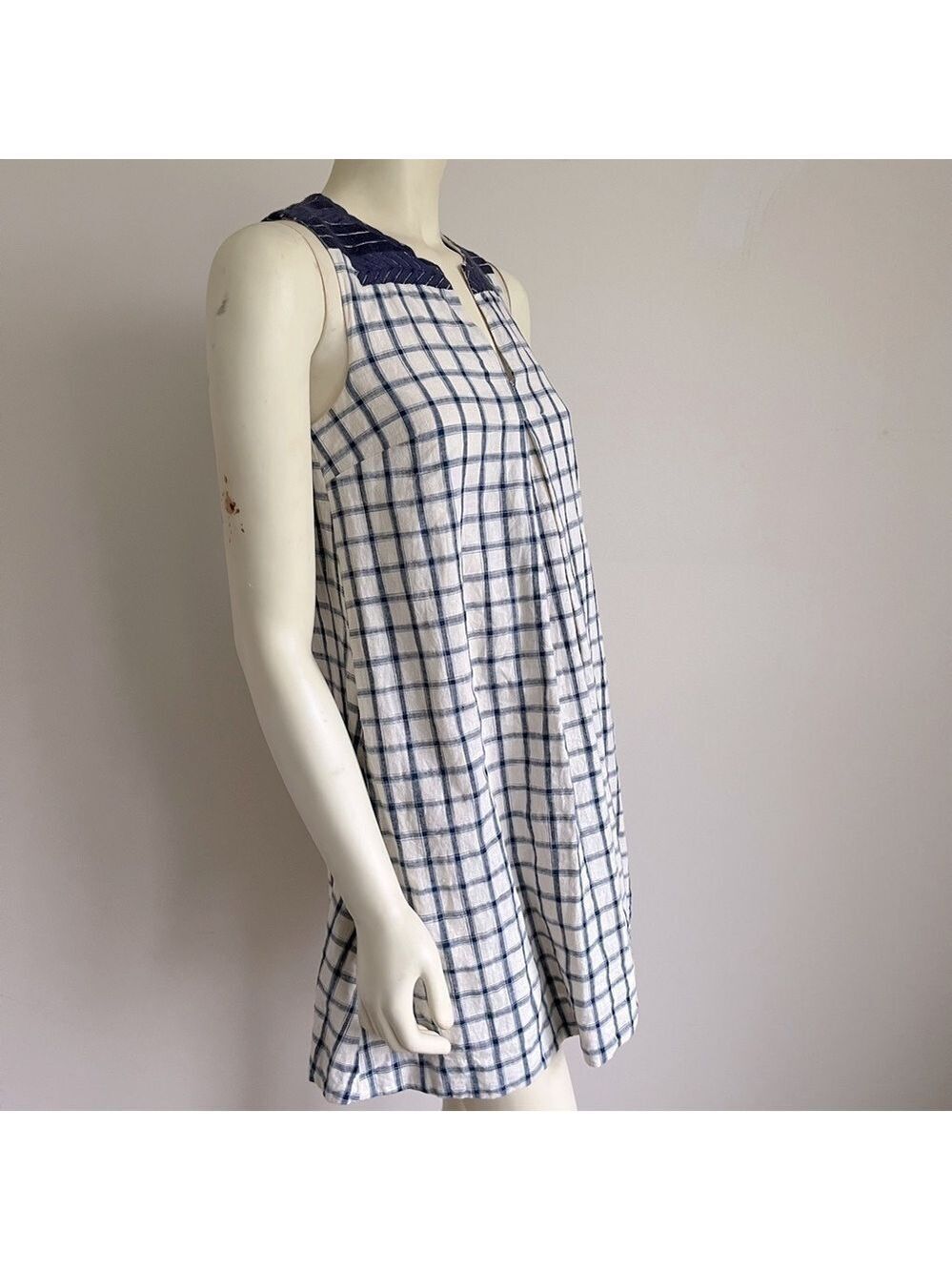 Madewell Women’s Embroidered Sunray Shirtdress Sleeveless Cream & Navy Check XXS - Picture 3 of 15